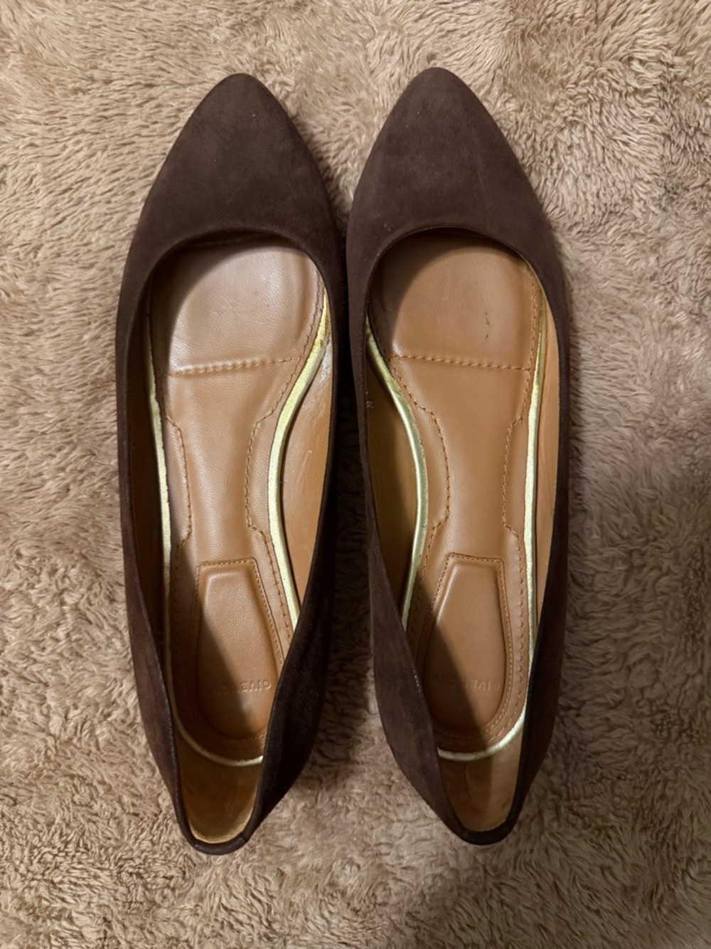 Givenchy Brown Suede Pointed-Toe Flats with Gold Trim